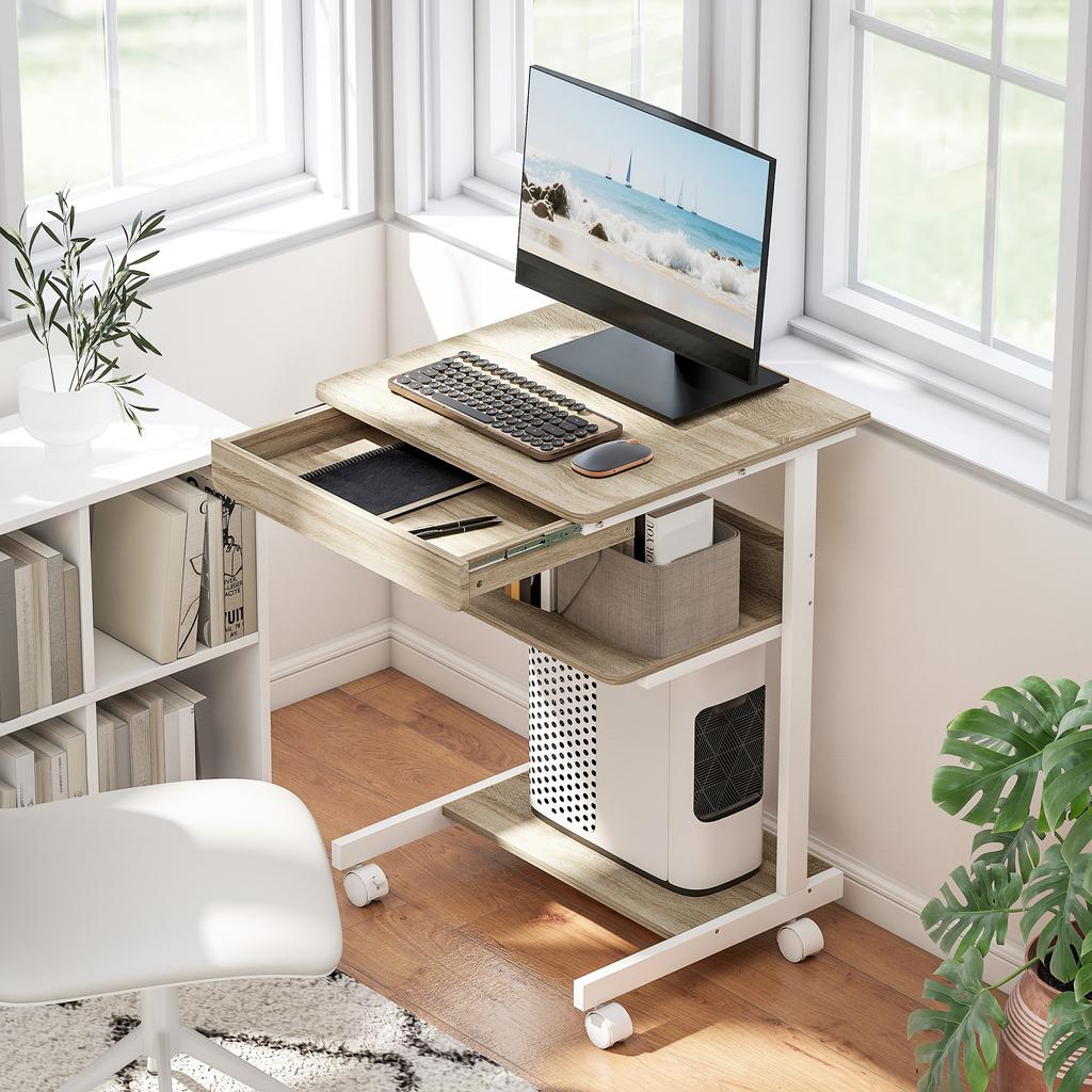 Rolling Desk with Drawer and Shelves, 4 Wheels, Compact, Chipboard, Metal