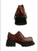 Johnature Retro Square Toe Women Platform Shoes Genuine Leather Thick Soled Solid Color Versatile Shoes