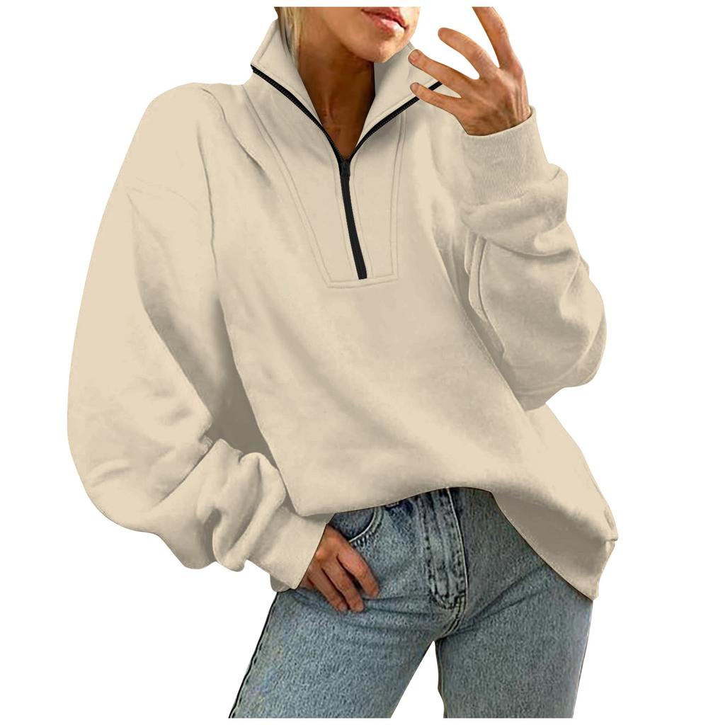Sweat-shirt décontracté pour femme à la mode, couleur unie, col en V, zippé, ample, manches longues, poche latérale