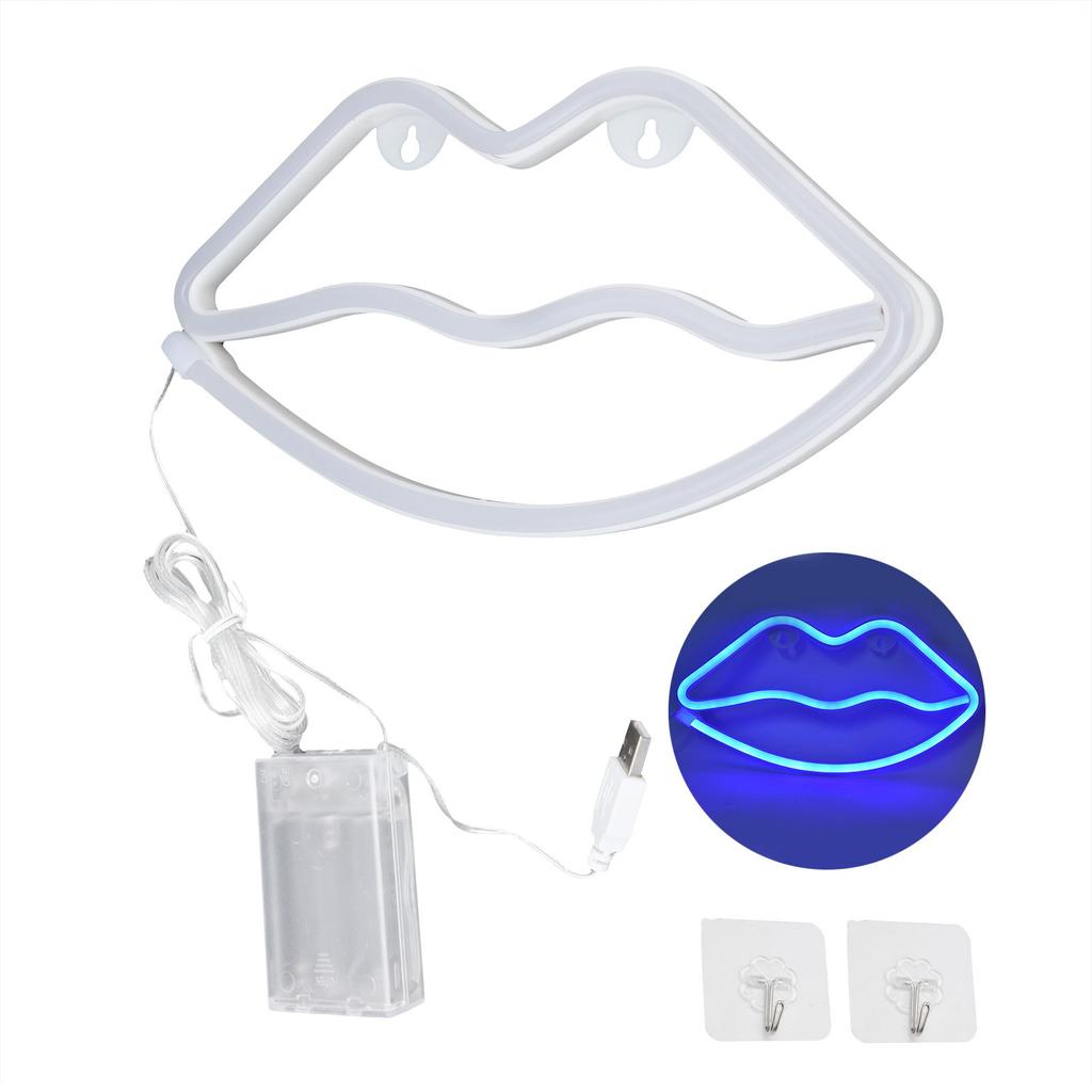 LED Neon Light Lip Neon Sign Night Light for Living Room Bedroom Club Bar USB/Battery Powered Blue