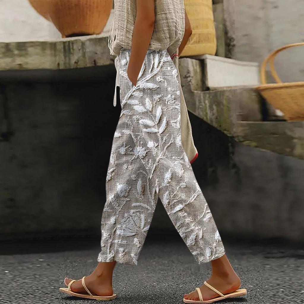 Damen Modische Hose mit Blumenmuster, Kordelzugtaschen und elastischem Bund für Freizeit
