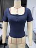 Women's V Neck Short Sleeve Ribbed Crop Top Slim Fit Elegant Lace Trim Button Down Tee Shirt