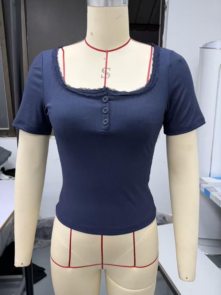 Women's V Neck Short Sleeve Ribbed Crop Top Slim Fit Elegant Lace Trim Button Down Tee Shirt