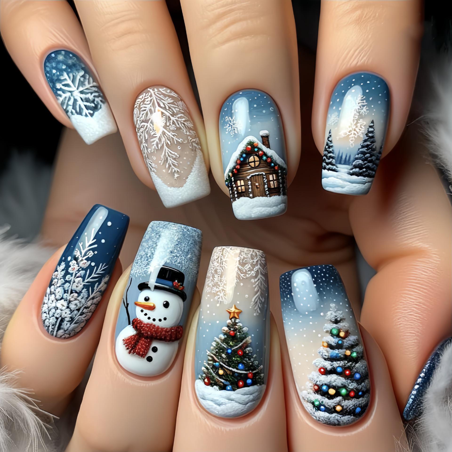 

24-Piece Christmas Snowman Tree Wearable Medium Rectangle False Nails - Removable Extensions Black Jelly Glue (For Shein platform)