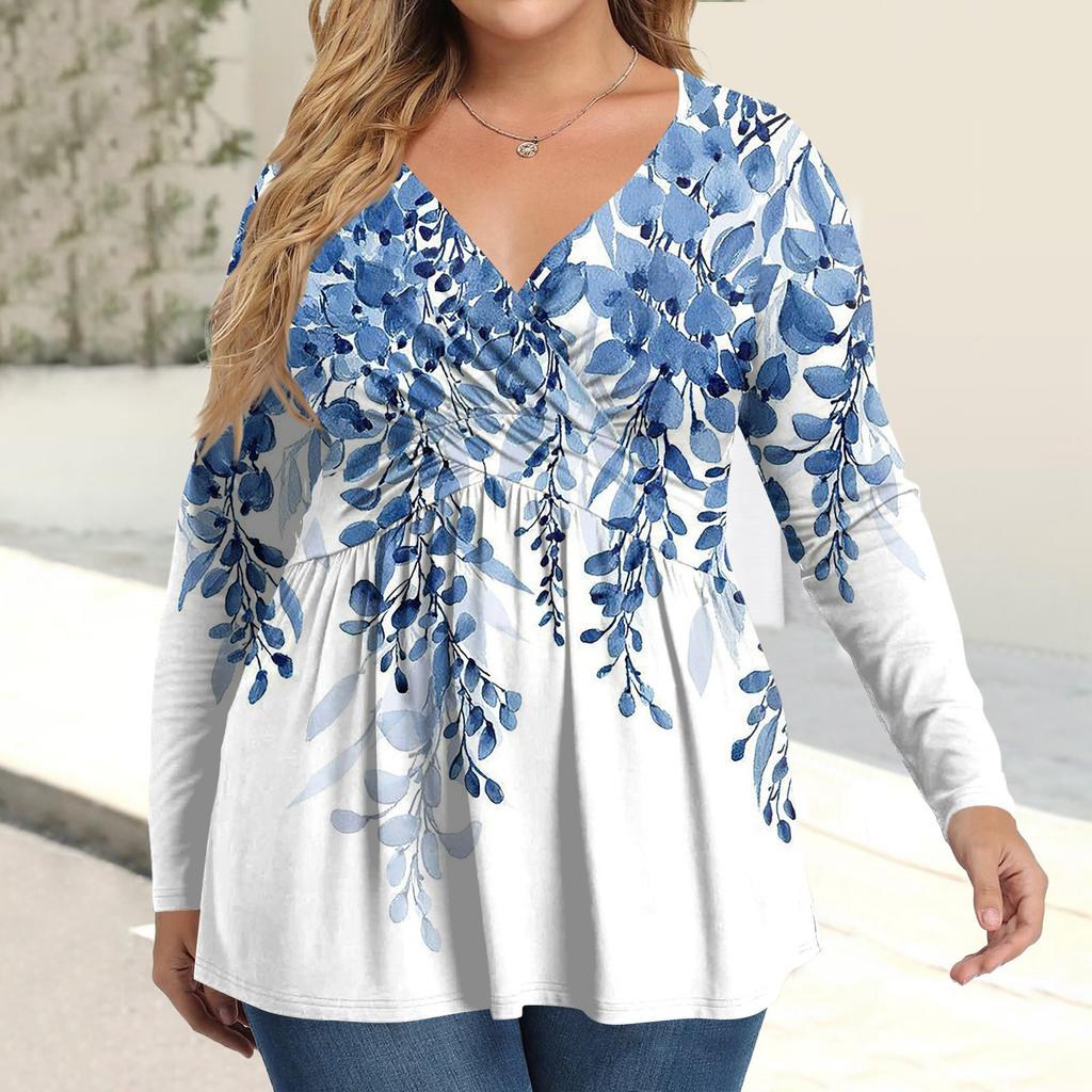 Women's Plus Size Shirt Long Sleeve  Print Top Pleated Casual V-Neck Top