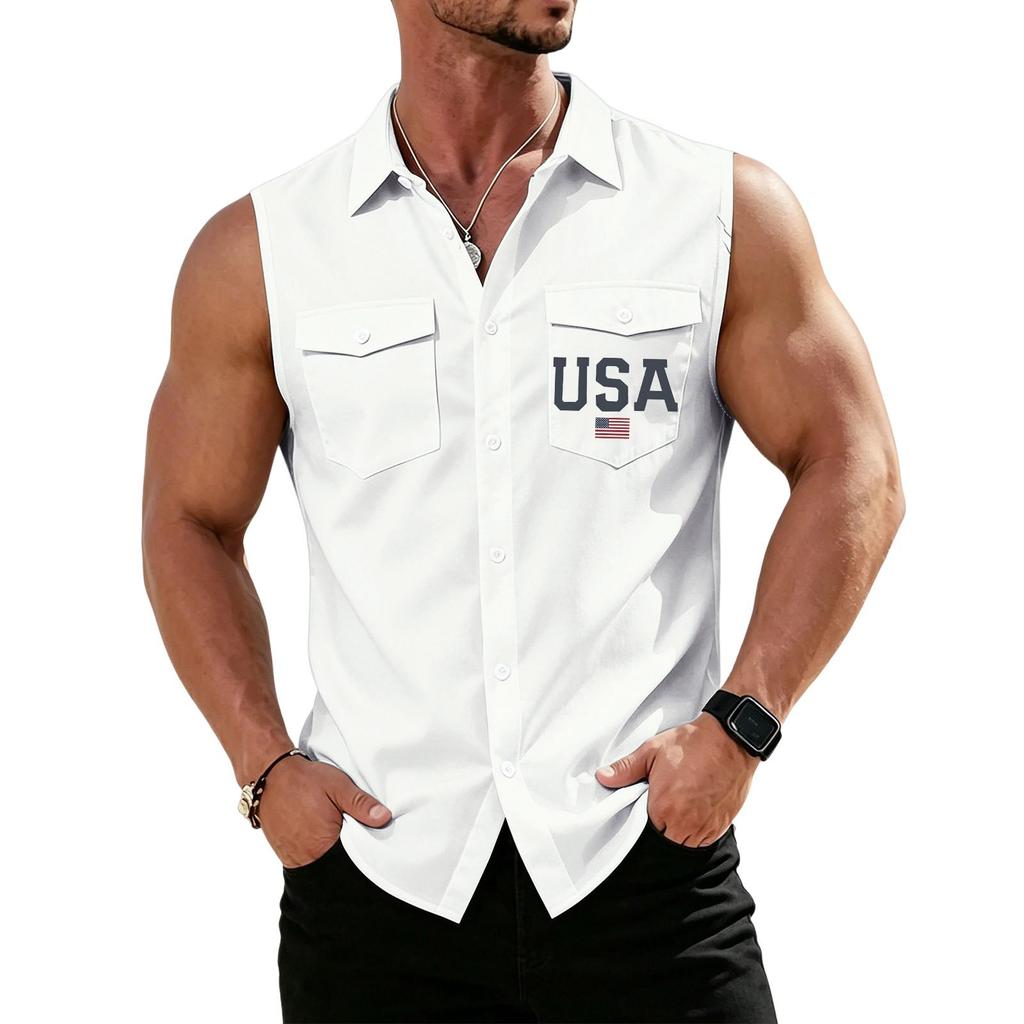 Men's Workwear Lapel Button-Down Vest Shirt - Lightweight Sleeveless Top