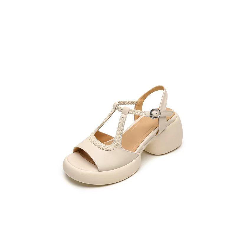 Soft leather platform open-toed sandals women's new summer one-word strap with skirt commuter thick heel high heels
