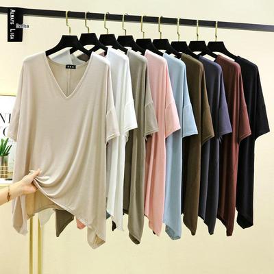 Lockeres Modal-T-Shirt mit V-Ausschnitt und fünfeckigen Ärmeln – Sommer, leicht, einfarbig, Oberteil in Übergröße