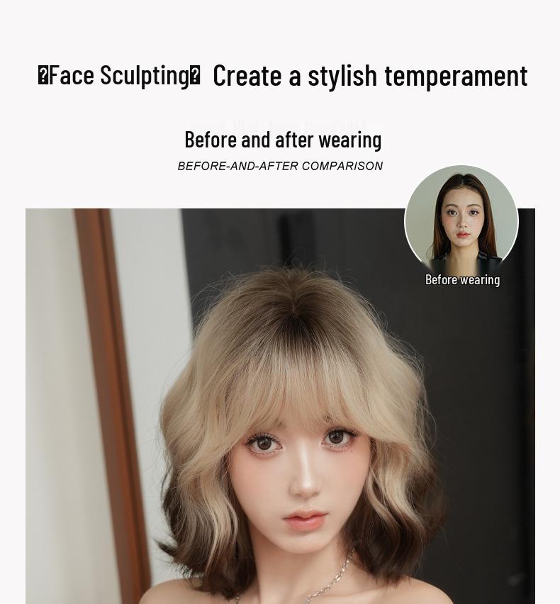 Women's Short Curly Summer Wig with White Coffee Gradient and Full Coverage