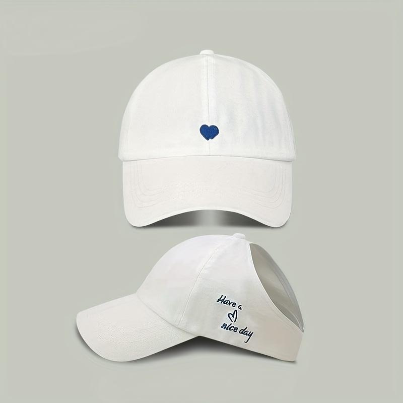 

1PC Ladies Adjustable Ponytail Hole Baseball Cap | Heart Embroidered Breathable Sun Hat, Lightweight Knitted Casual Hat | Vacation, Fashion Versatile белый