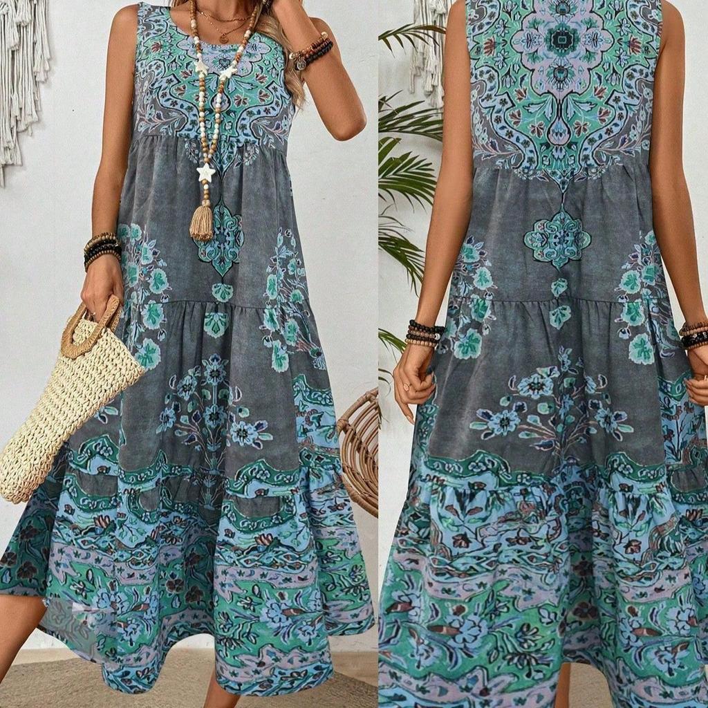 Vestido Maxi Casual de Talla Grande para Mujer con Estampado Floral Bohemio Vestido de Moda sin Mangas Vestido de Verano Vestido Vintage
