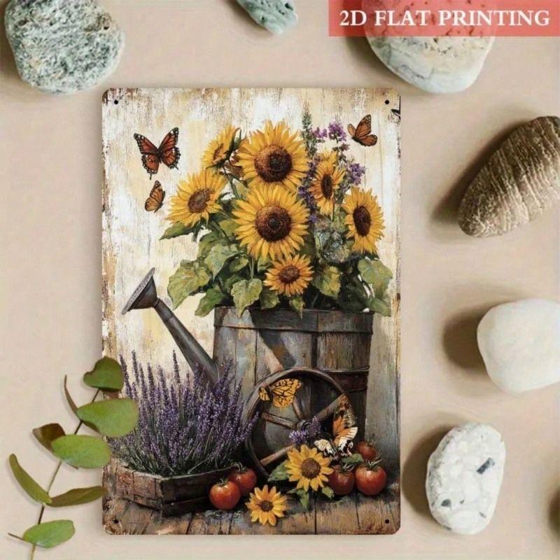 Metal Poster Sunflower Butterfly Wall Art Decor for Living Room Kitchen Garden Cafe