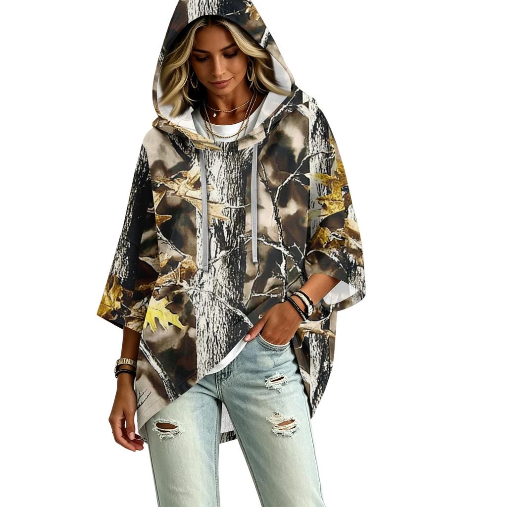 Damen Kapuzenpullover Top mit Dreiviertelärm und Blattdruck