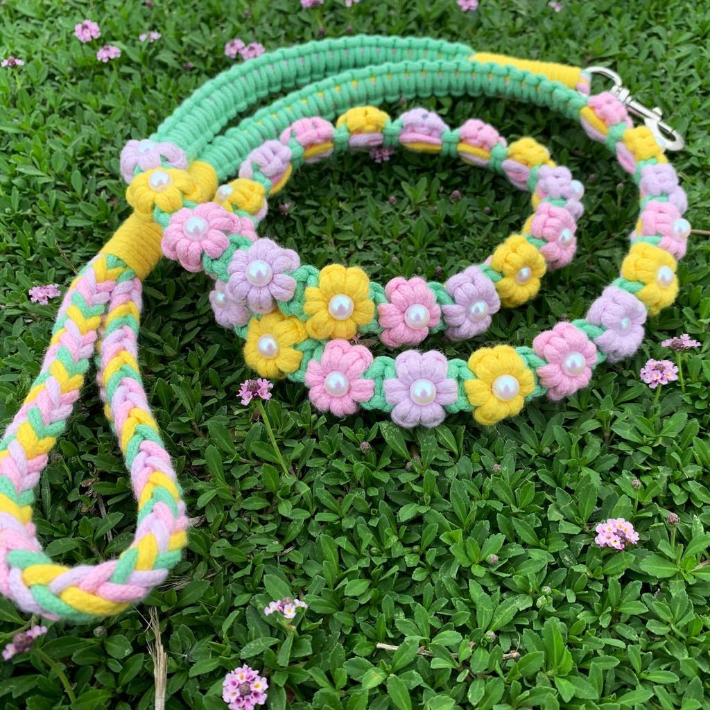 59 Inch Soft Cotton Rope Lead,Handmade Braided Dog Leash with Flowers for Small & Medium Dogs, All-Season for Walking, Training, Pet Accessories
