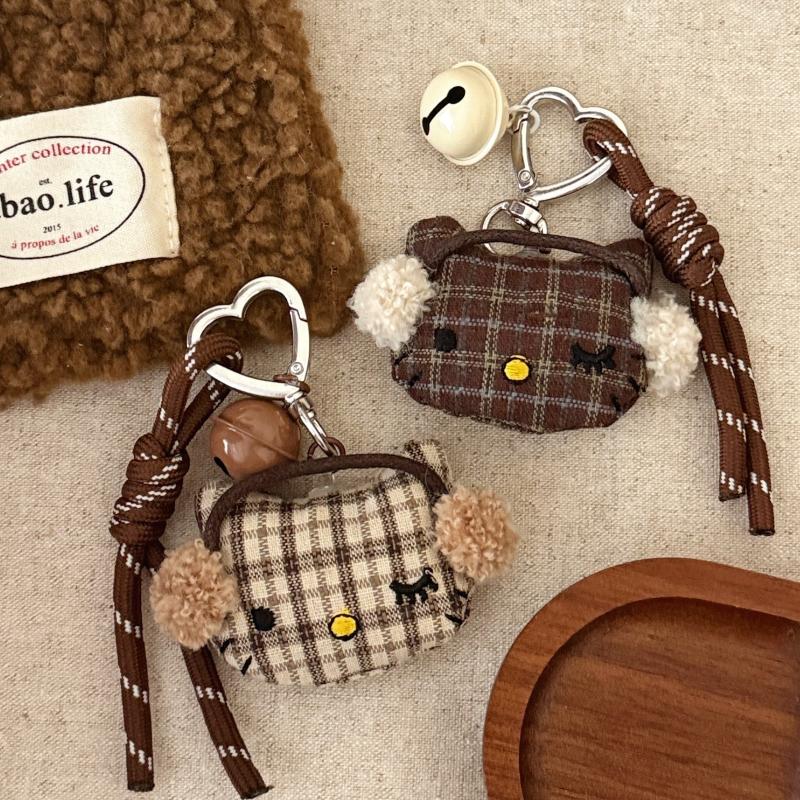 Kawaii Cartoon Gitter Kopfhörer Hello Kitty Schlüsselanhänger Plüsch Niedliche Puppe Anhänger Rucksack Hängeornament Dekoration Zubehör Geschenk