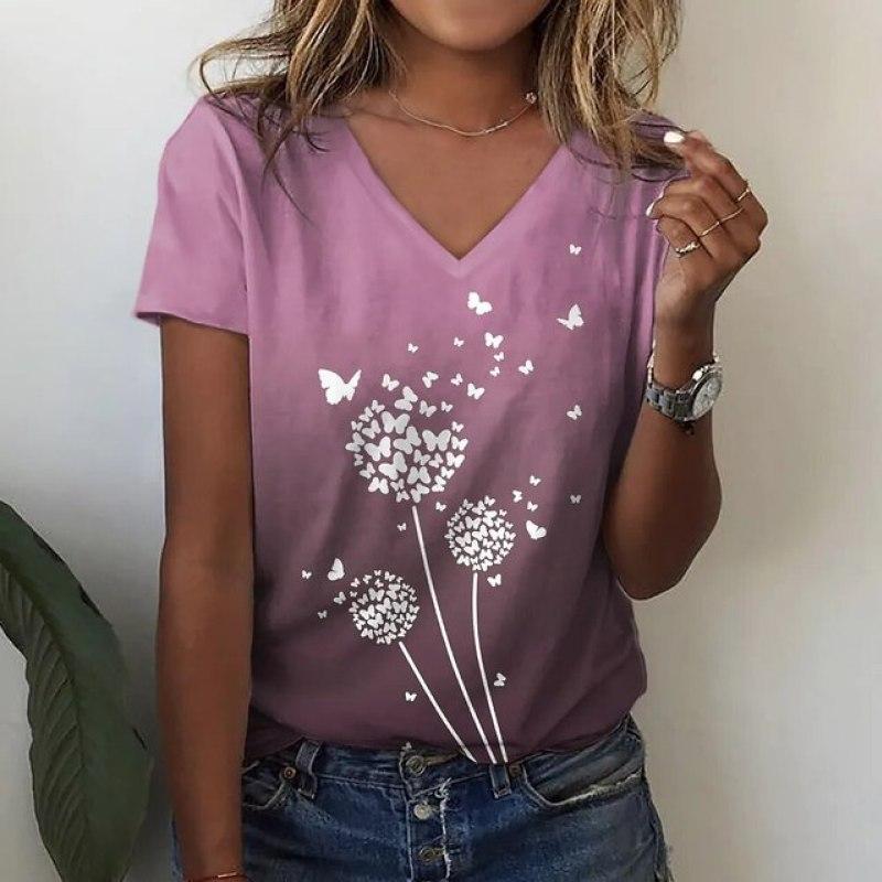 Sommer Kvinner Kortermet V-hals Oversized T-skjorte for kvinner Hvit mote T-skjorte for kvinner 3d Dragonfly Print Topp Uformelle klær