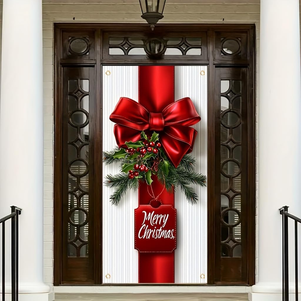 ChristmasDoor Cover Banner 71x35 Inch Red Bow and Holly Decoration for Front Door Holiday Indoor Outdoor Home Decor