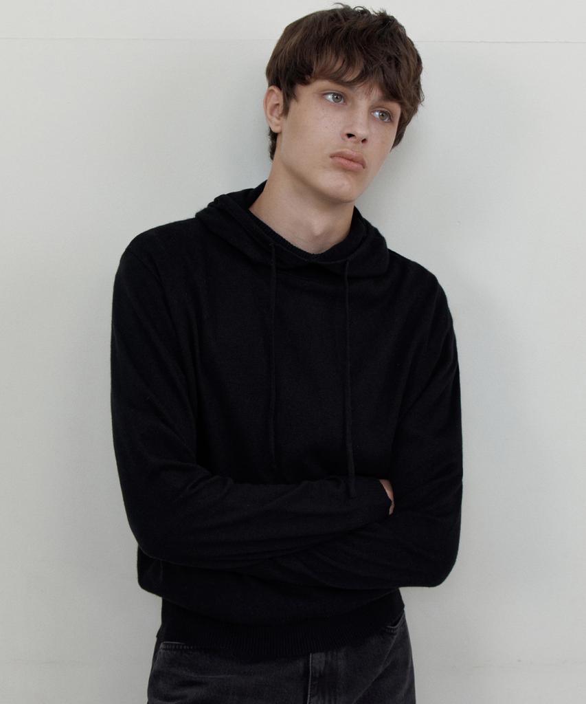 MERCREDI OASIS Pull à Capuche en Laine d'Agneau_Noir(Wcb6Kn85)
