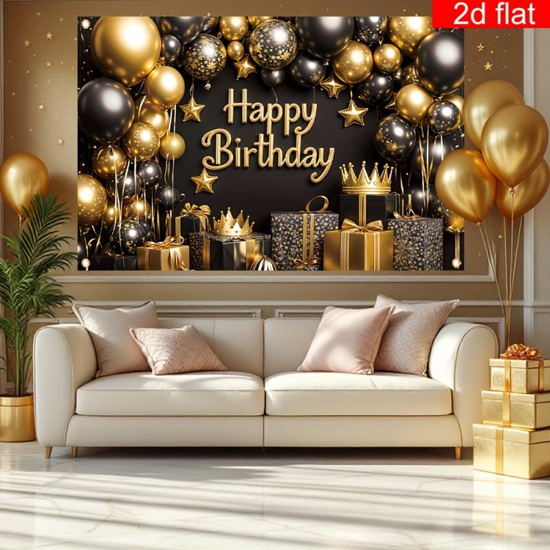 VIKAMA Black Gold Crown Birthday Background Cloth Happy Birthday Hanging Cloth Womens Light Luxury Party Photo Background Wall