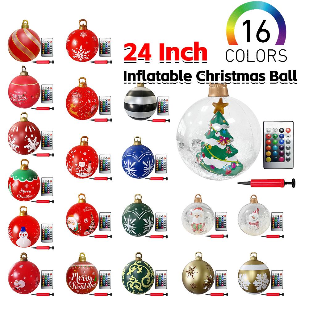 24 Inch Light Up PVC Inflatable Christmas Ball New Years Christmas Ornaments with Light and Remote Holiday Yard Lawn Porch Decor