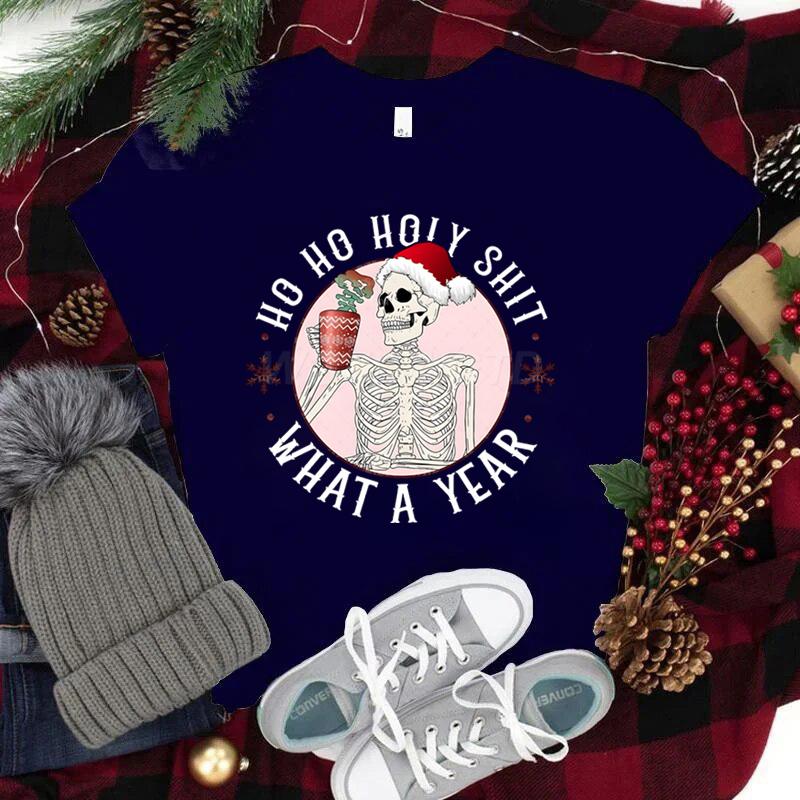 Ho Ho Ho Weihnachtsshirt mit kurzen Ärmeln für Damen Weihnachtsmannmütze Totenkopf Street Style Kleidung Damen Trendiges Neujahrsshirt