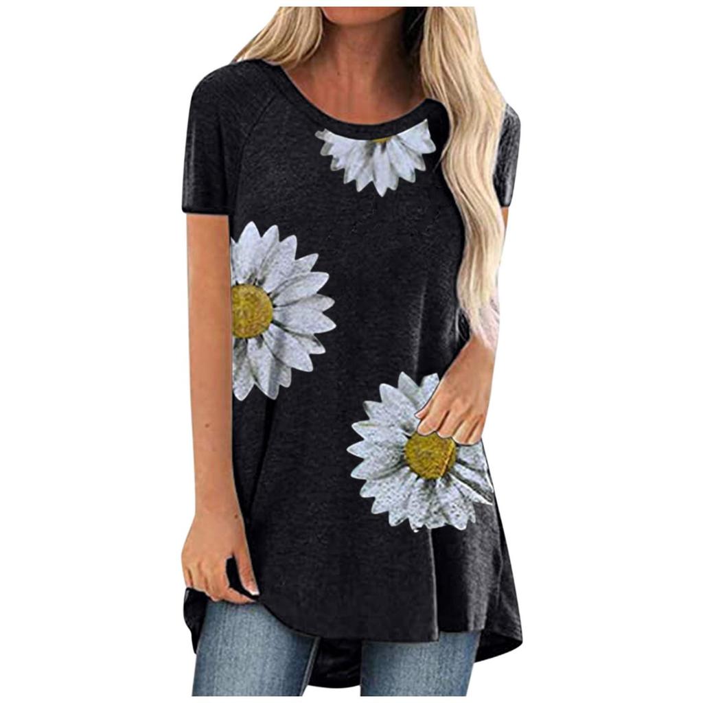 Camisas de impresión casual para mujer Camisetas sueltas de manga corta Blusa tipo túnica