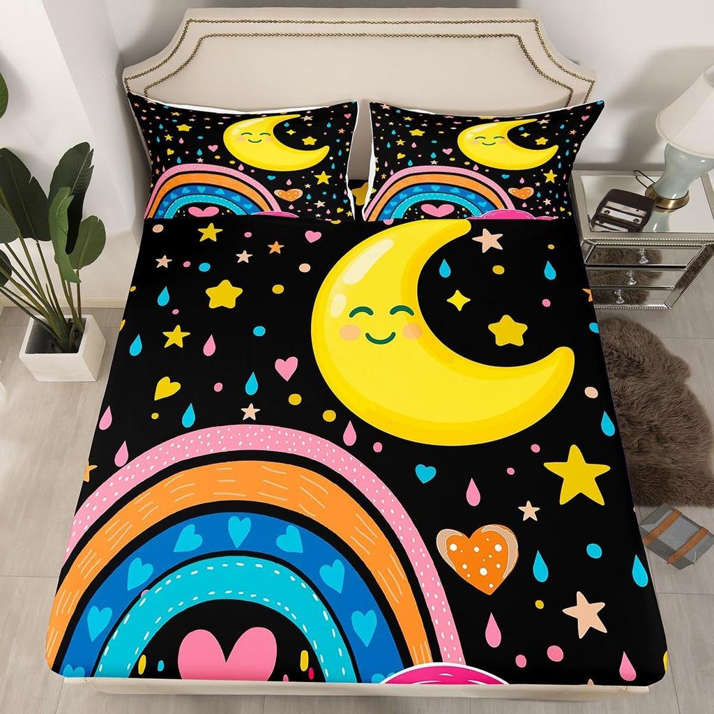 Rainbow Fitted Sheet Double Size and Pillow Case 2 Pcs, Colorful Rainbow Cartoon Fitted Sheet Set with 30cm Pocket for Kids