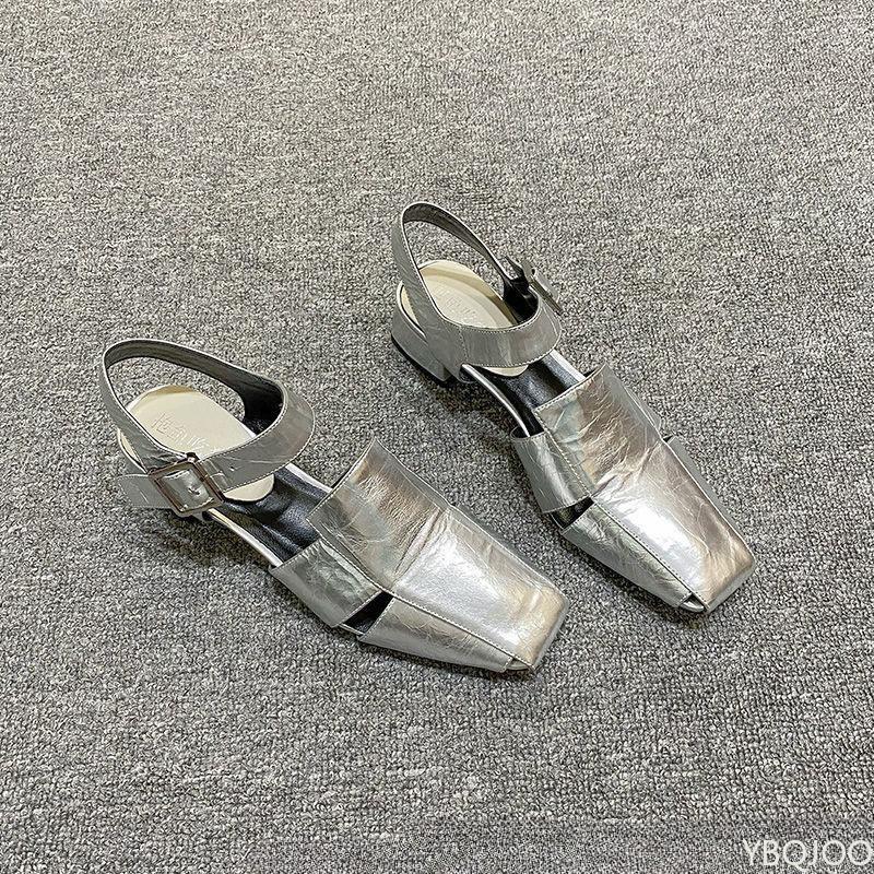 2025 new Summer Hollow Out Women Sandals Fashionable versatile Silver Chunky Pumps Luxury Design Buckle Strap Slingback Shoes