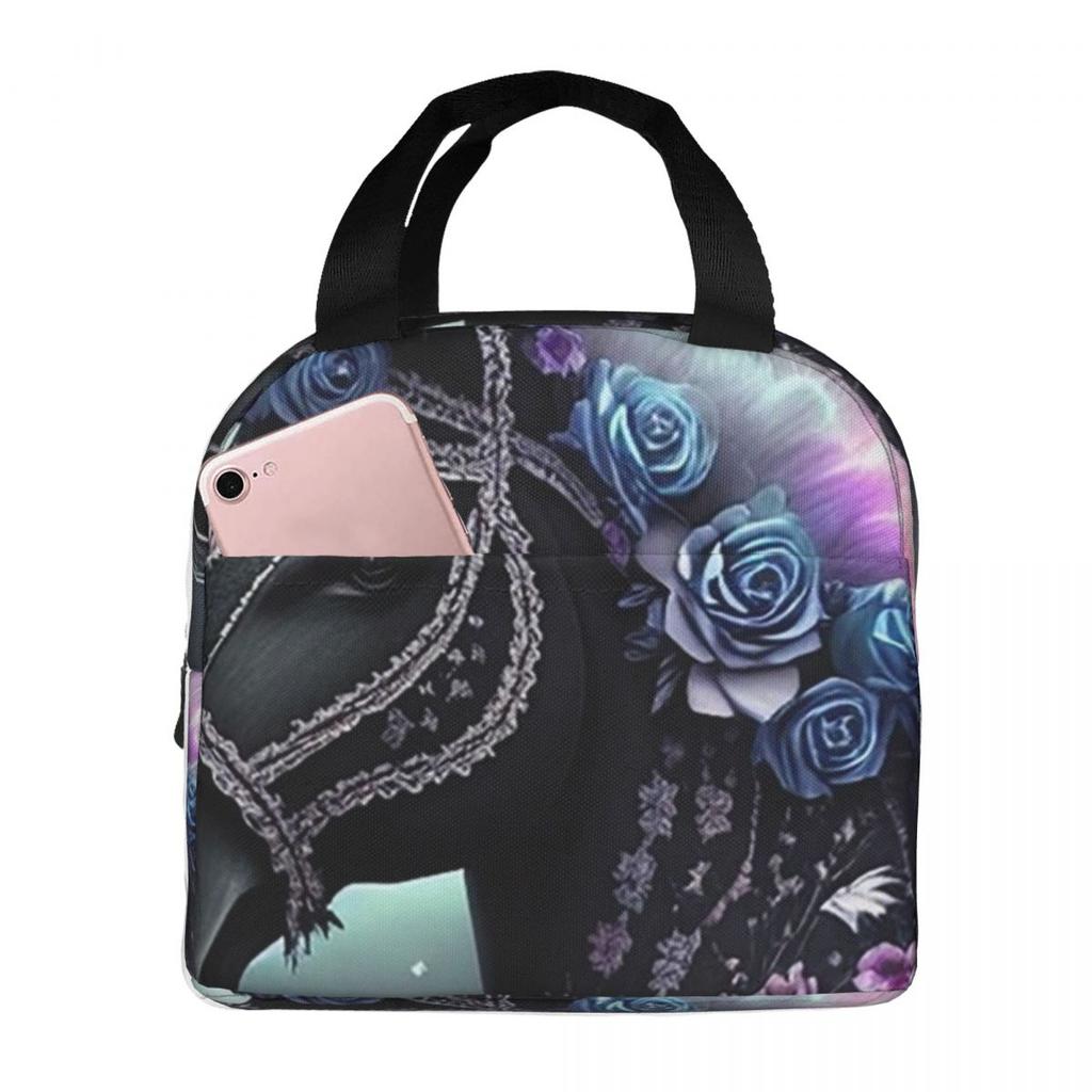 Enchanted Black Horse In Flowers Print Insulated Lunch Bag for Women Children Portable Food Boxes Thermal Lunch Box Tote