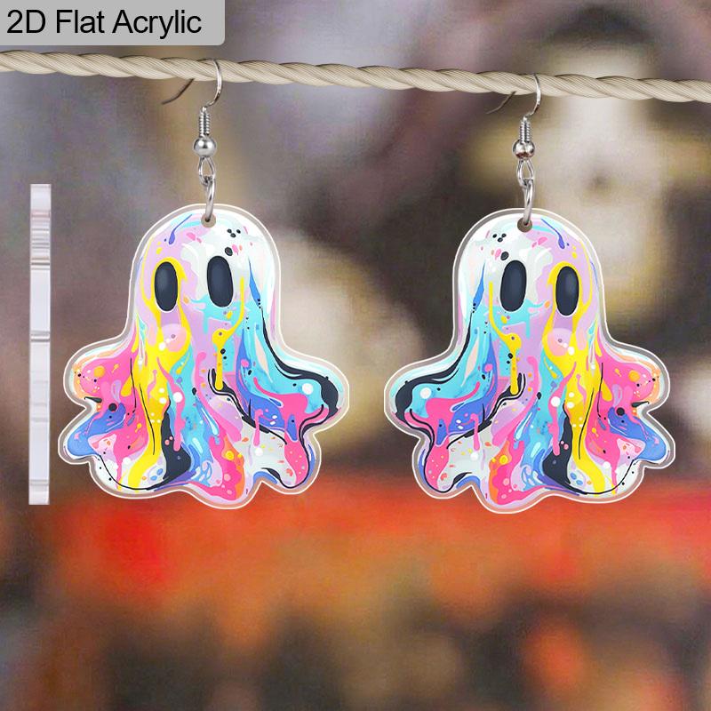 2D Flat Halloween Ghost Earrings for Women Cute Cartoon Ghost Dangle Earrings Acrylic Fun Spooky Earrings BOO Halloween Theme Jewelry