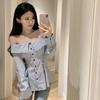 One-line Neck Slim Waist Top Women's Pre-fall New Sexy Hot Girl Striped Shirt Chic Lace-up Long Sleeve T-shirt