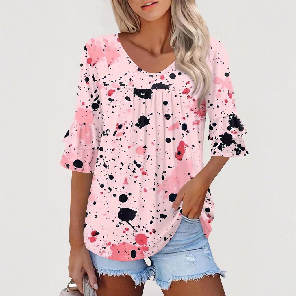 3/4 Length Sleeve Womens Tops Dressy Casual Blouses Bell Ruffle Sleeve Loose Fit Tunic Tops V Neck T Shirts