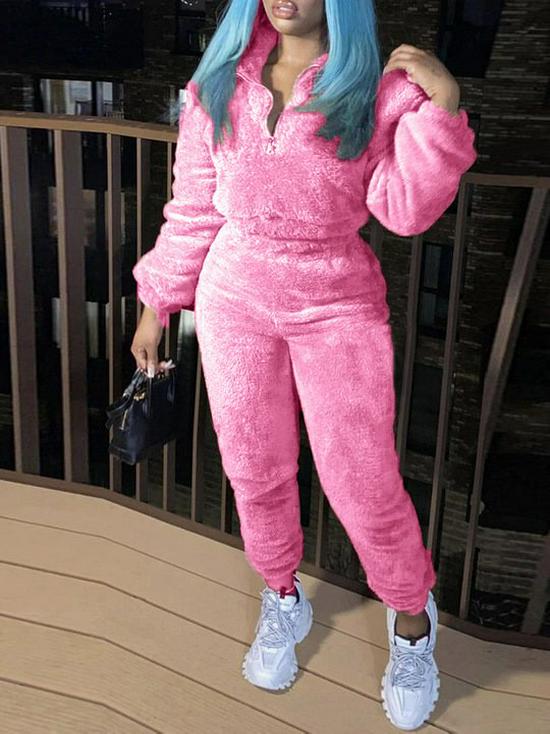 European & American Women's Solid Color Long Sleeve Plush Suit - Autumn/Winter Fashion Casualwear