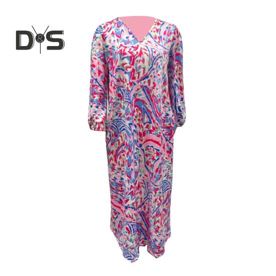 Bedrucktes Maxikleid für Damen, Frühling/Sommer, V-Ausschnitt, Boho-Urlaubskleid, lange Ärmel, lockeres Kleid mit Taschen für den Alltag, Partys, Strand