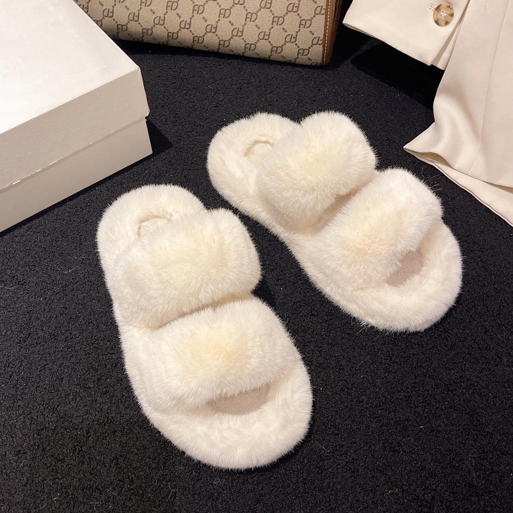 Dicke Sohle flauschige Hausschuhe Damen 2024 neu Feenstil Mode Temperament Ein-Wort-Schlepp Designgefühl Flache Sohle Schlepp Tide