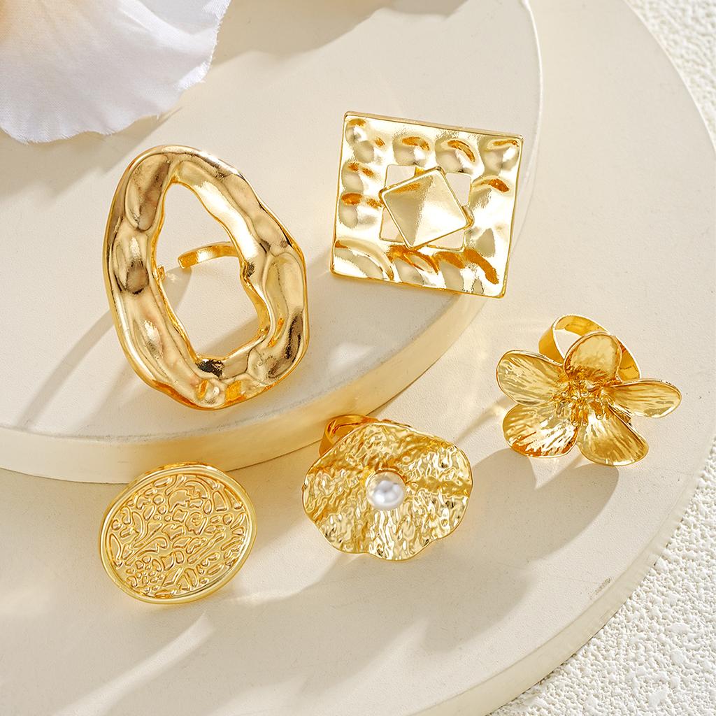 IF ME 5 Piece Exaggerated Geometric Square Flower Ring Set Fashion Jewelry Women Trendy Shiny Party Accessory Daily Wear Decorative