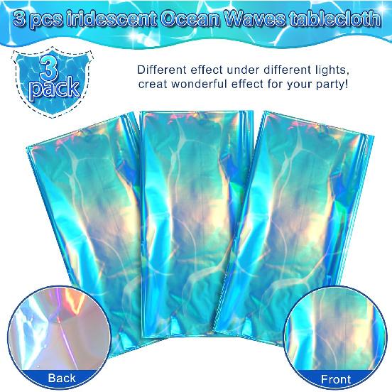 3 Pack Ocean Tablecloths Iridescent Plastic Disposable Table Cloth Rectangle Water Wave Table Covers for Under Sea Ocean Pool Beach Party