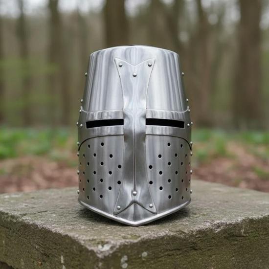

Silver Templar Knight Helmet with Brass Cross, Medieval Steel Crusader Helmet for Cosplay and Graduation Gift