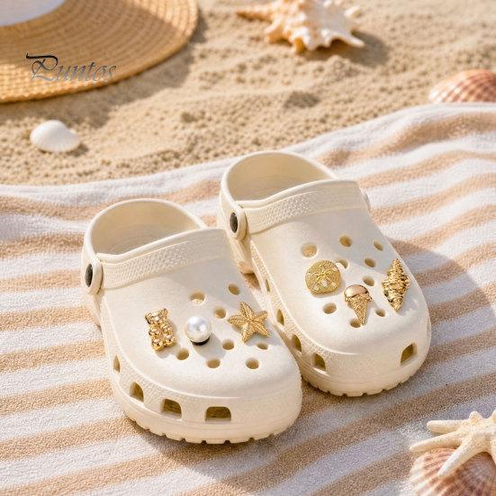Metal Shoe Charms 6Pcs/Set Gold-Tone Charms, Summer Ice Cream Shell Starfish Faux Pearl for Clogs Women Girls Beach Footwear Decor Scratch-resistant