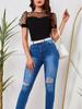 2025 Spring/Summer Women's Mesh Polka Dot Patchwork Slim-Fit Round Neck T-shirt