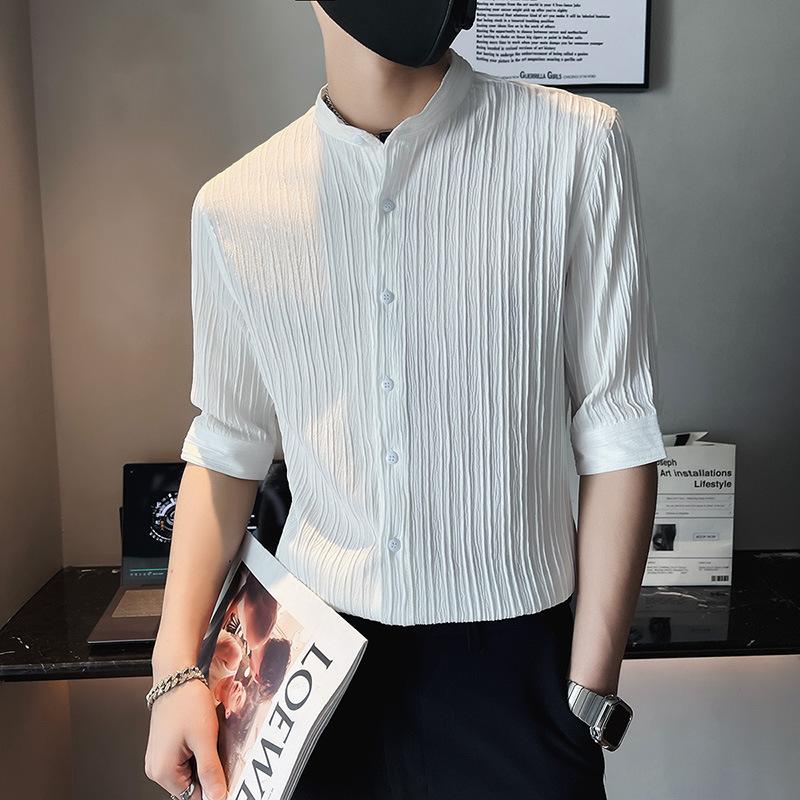 Striped Texture Seven Quarter Sleeved Men's T-shirt Summer Ice Silk Short Sleeved Shirt Men's Henry Collar Shirt