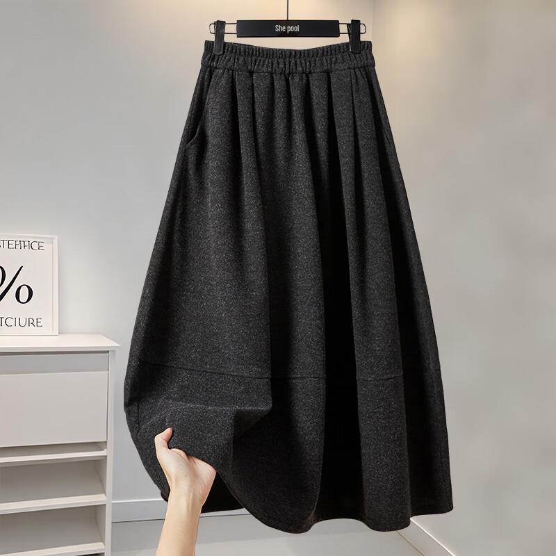 Damen elastischer Bund fließender Wollmischung A-Linie Midi-Rock XL black
