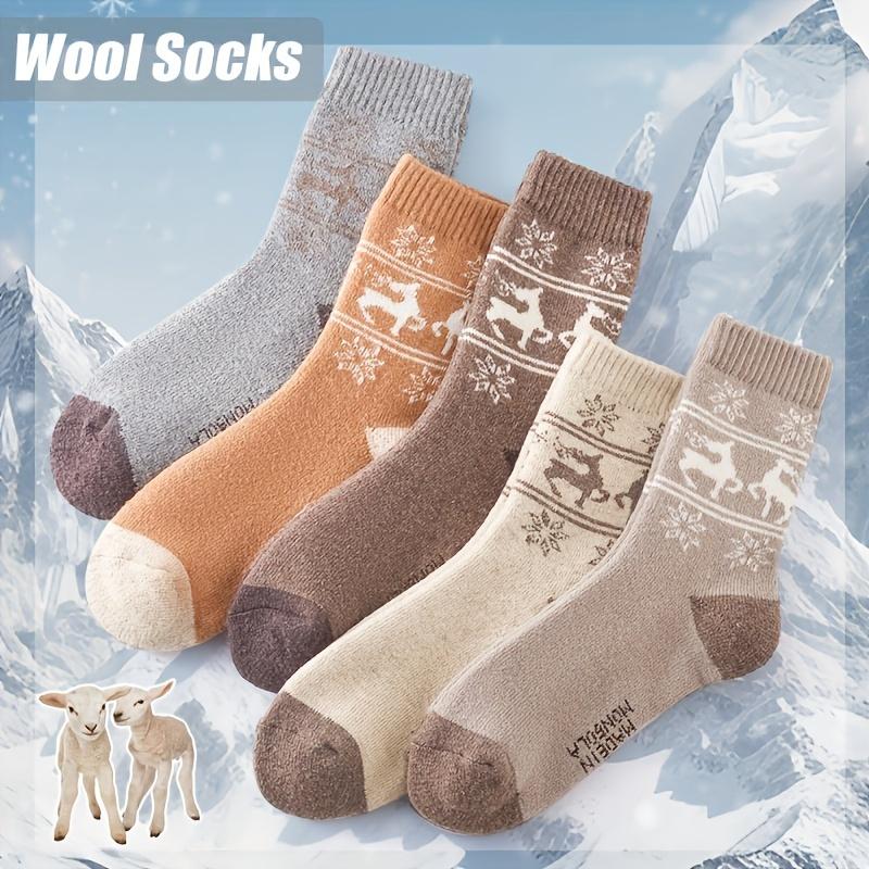 5 Pairs Women Thermal Wool Winter Socks - Christmas Reindeer & Snowflake Design, Thick Warm Mid-Calf Elegant Casual Socks, Comfortable Sock Material