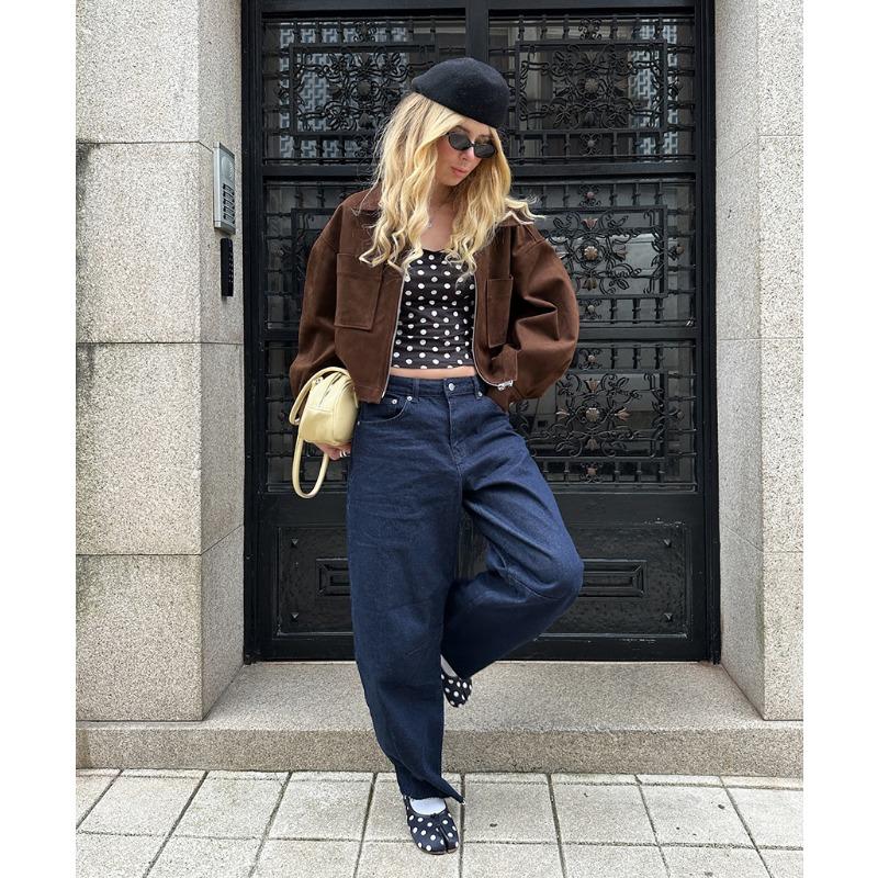 Women Vintage Loose Brown Suede Jacket Casual Fashion Outerwear For Ladies