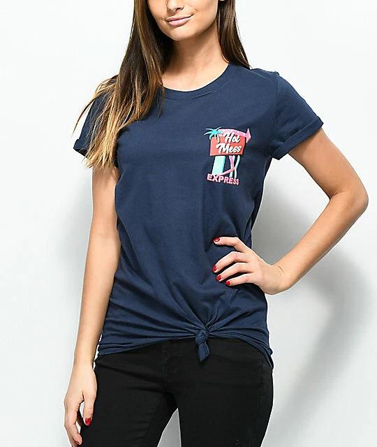 a-lab Womens Hot Mess Express Knot Front Navy T-Shirt New M L