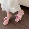 Women's Slippers Flower Decor One-word High-heeled Cool Slippers Women's Casual Fad Peep Toe Thin-heeled Sandals Sandalias Mujer