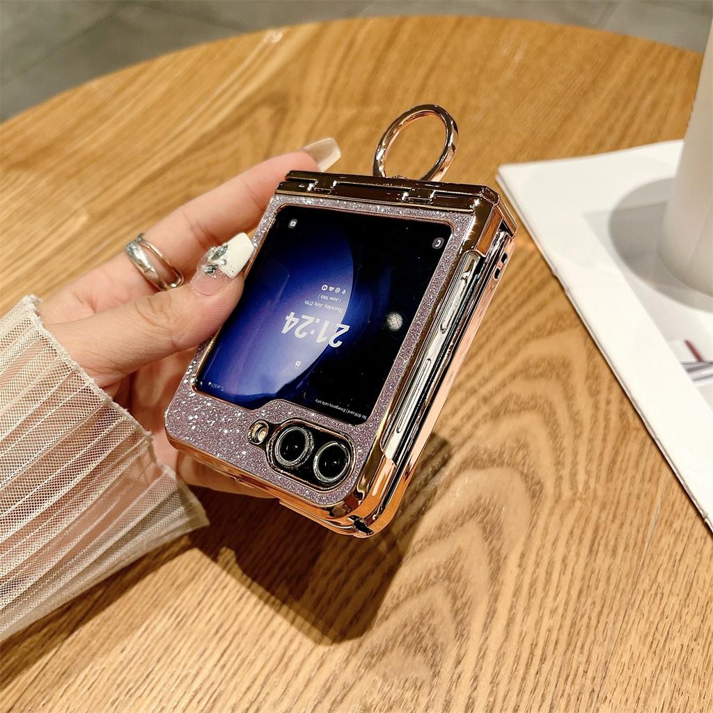 For Samsung Galaxy Z Flip5 5G Glitter Design Hard PC Phone Cover with Ring Kickstand