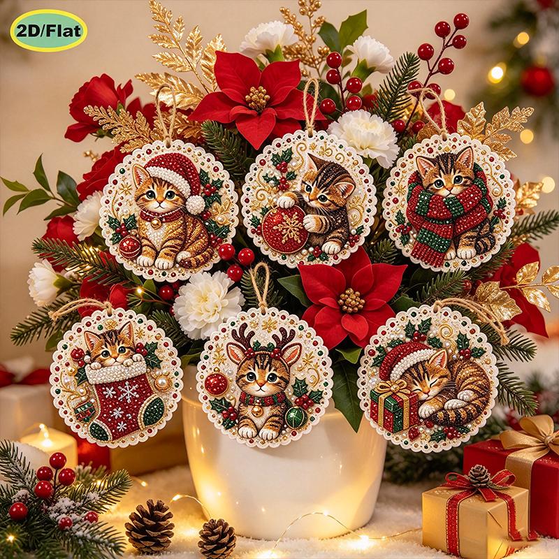 6pcs DIY Pearl Diamond Painting 2D Combination Set Animal Pattern Wooden Christmas Tree Pendant Holiday Party Artware Decoration
