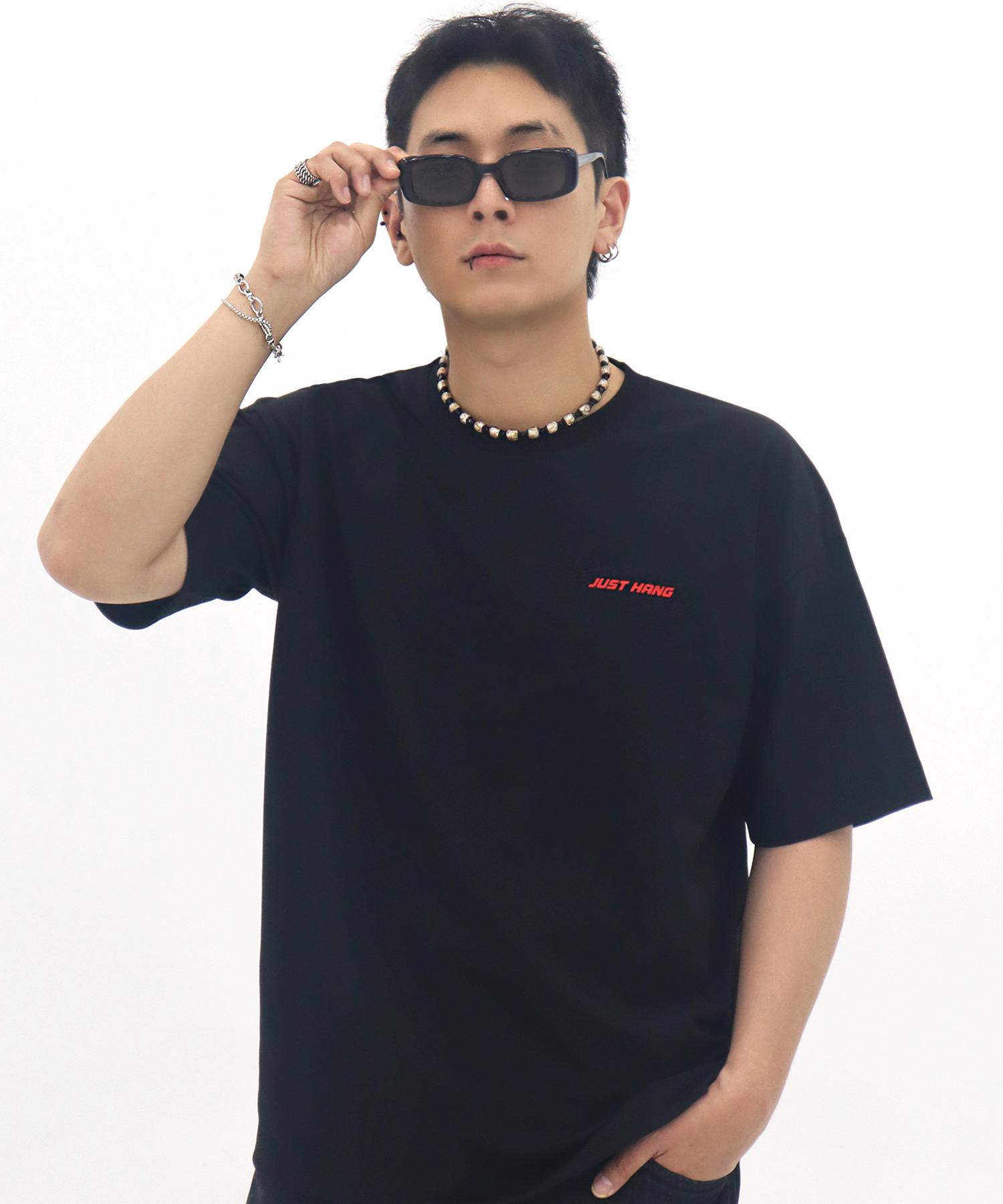 Just Haeng Red Newtro Logo Oversized Black Short Sleeve Tee F