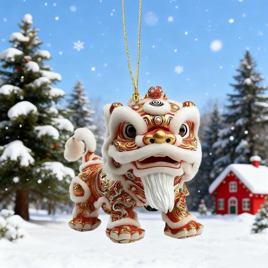 Car Pendant with Metal Chain Lion Dance Design Plush Fabric Car Charm Keychain Bag Accessory Good Fortune Decoration
